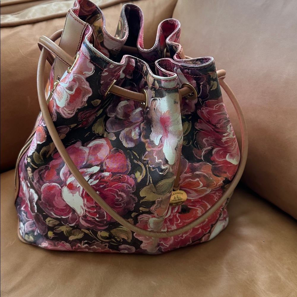 Brahmin Bucket Bag Floral Leather Large Trina Hemingway Pink Floral Leather